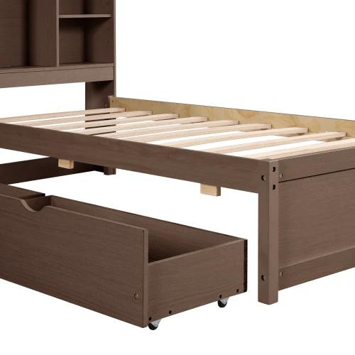Modern Twin Size Bed Frame With Built-in USB Port On Bookcase Headboard And 2 Drawers Walnut Color by GJG Denim