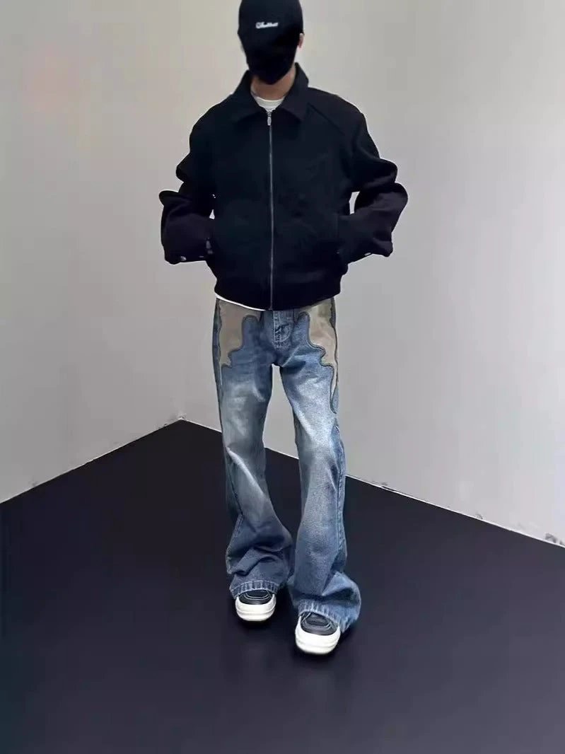 Men's Retro Flame Washed Straight Leg Jeans by GJG Denim
