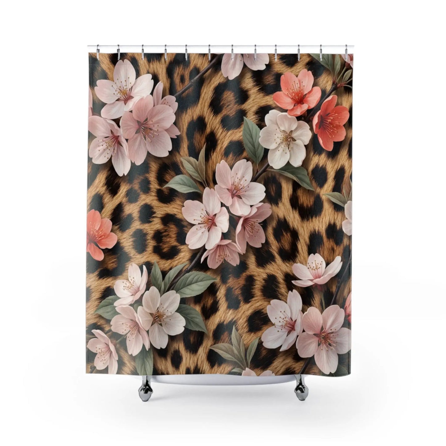 Floral Leopard Shower Curtain — Chic Animal Print Floral Bathroom Decor by Printify