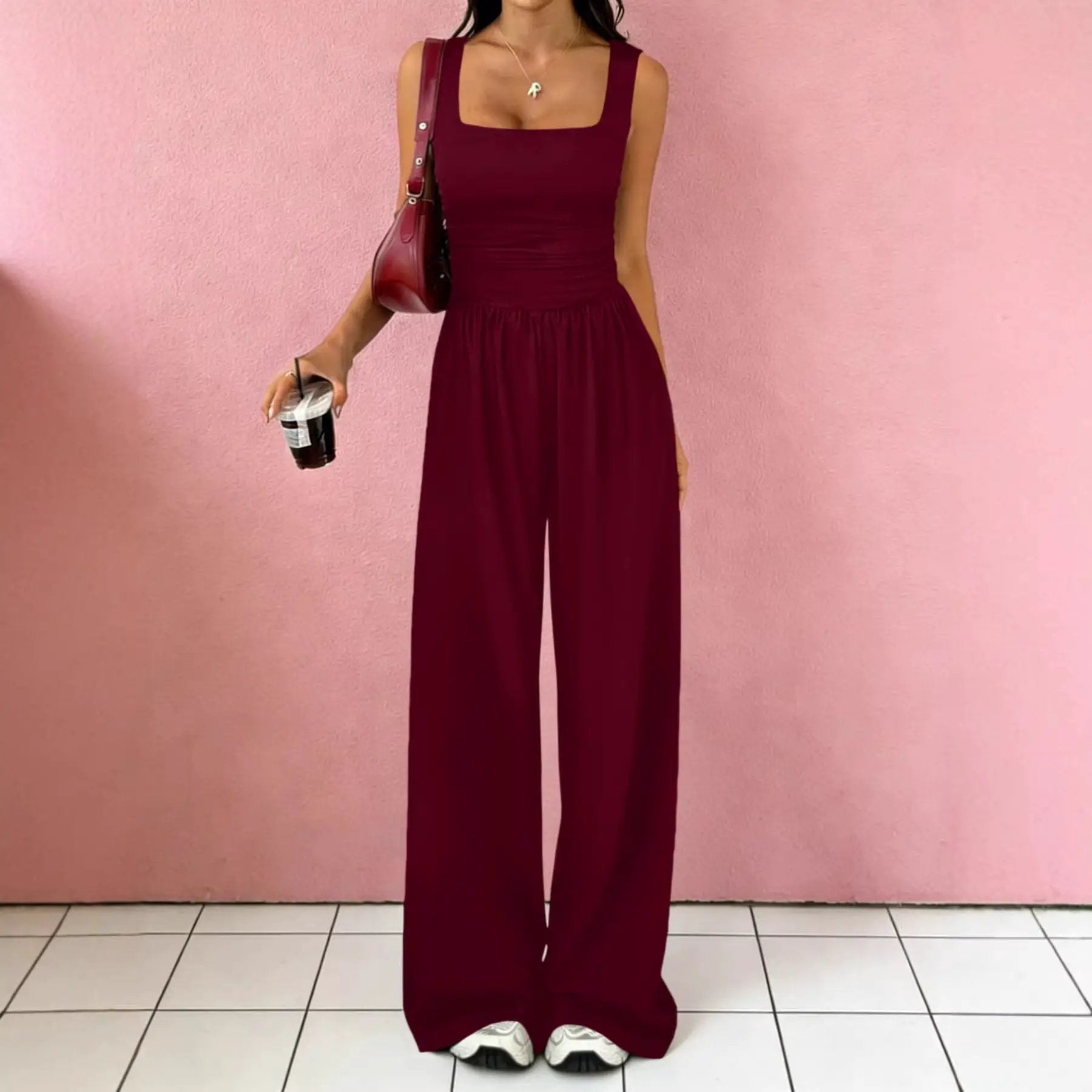 Solid-Color Sexy Tank Top Casual Wide-Leg Pants Two-Piece Set by GJG Denim