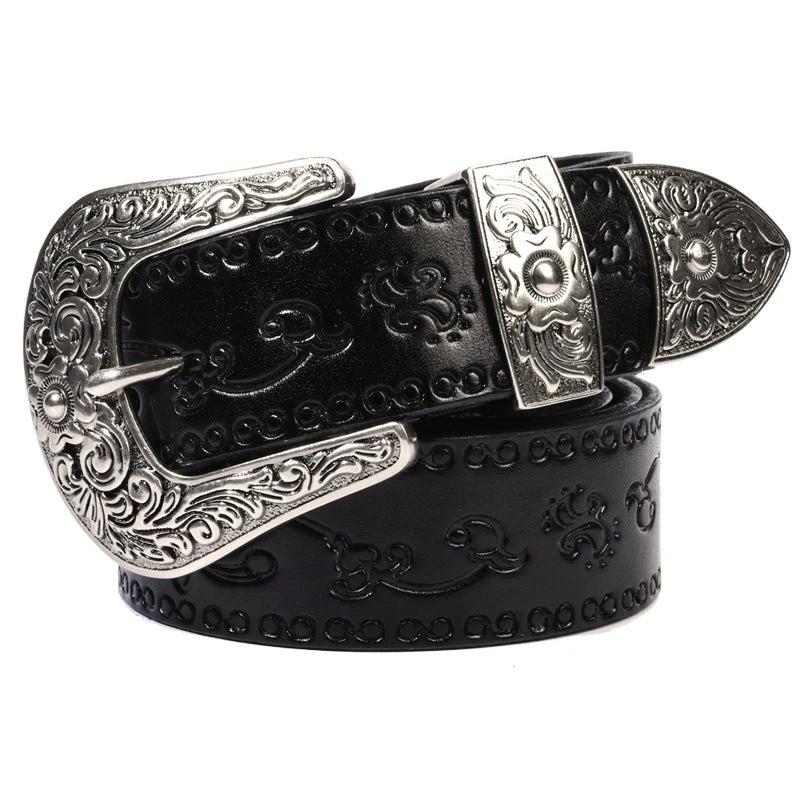 Men's Embossed First Layer Cowhide Mongolian Style Personalized Carved Belt by GJG Denim