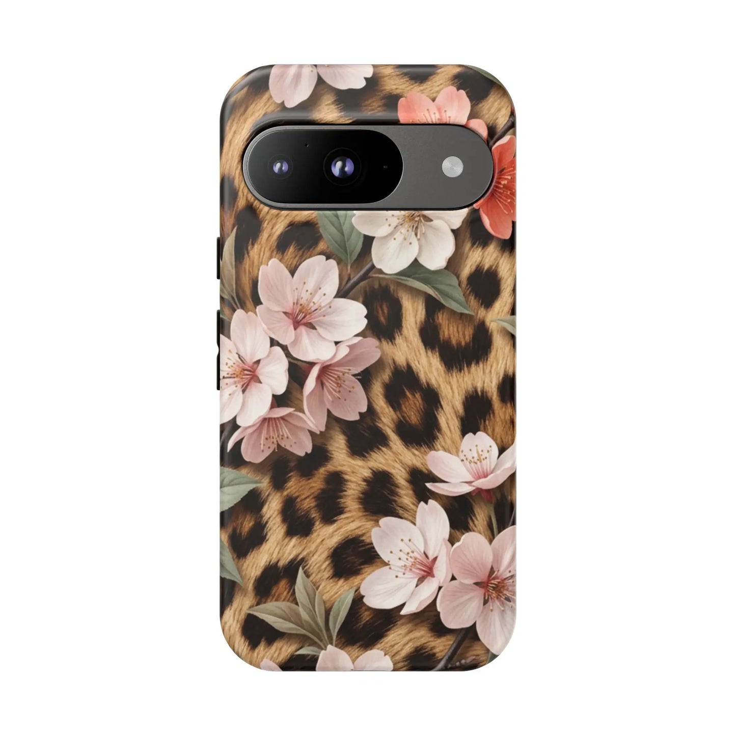 Leopard Floral Tough Case — Protective Phone Case with Pink Cherry Blossoms by Printify
