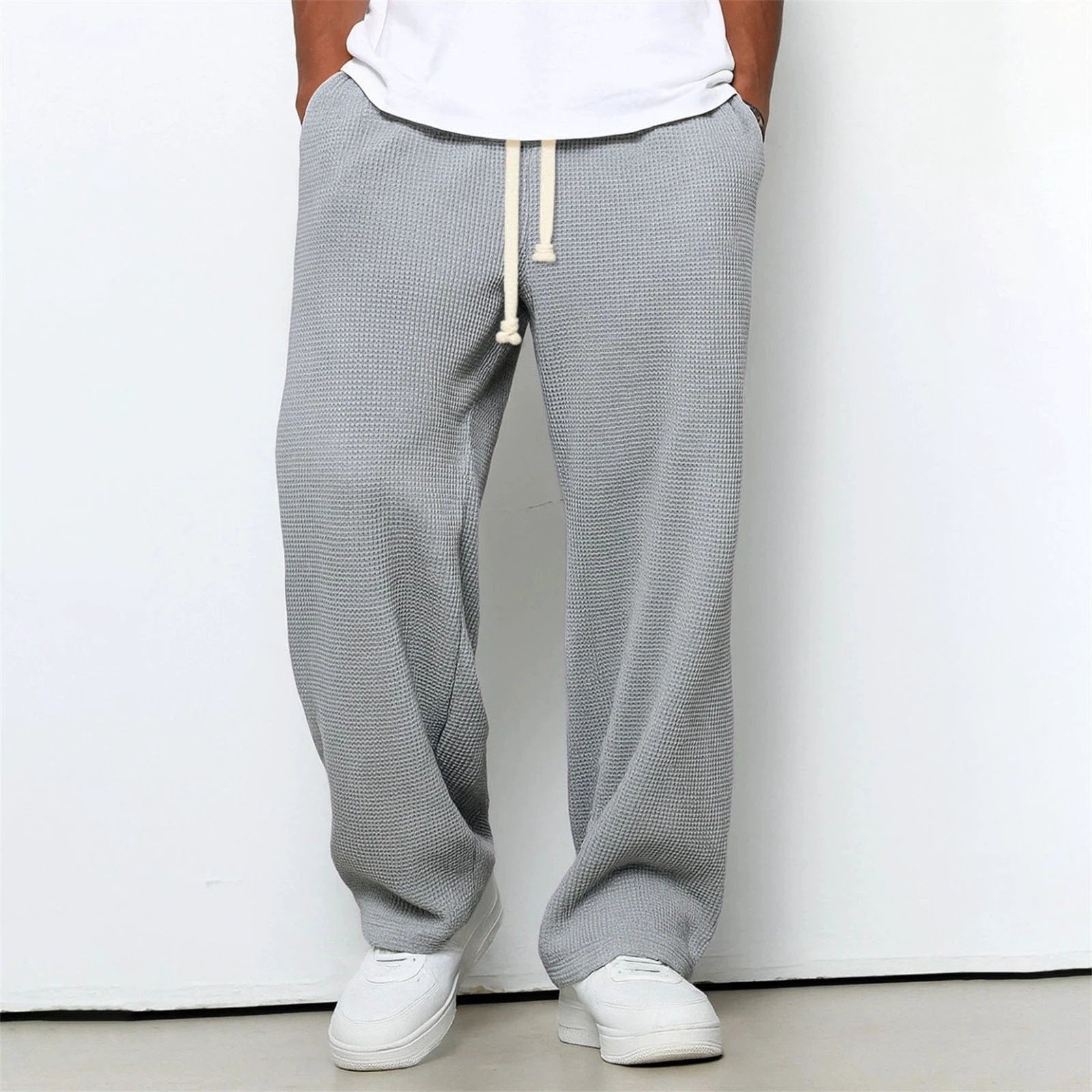 Men's Relaxed-fit Waffle-knit Wide-leg Leisure Pants by GJG Denim