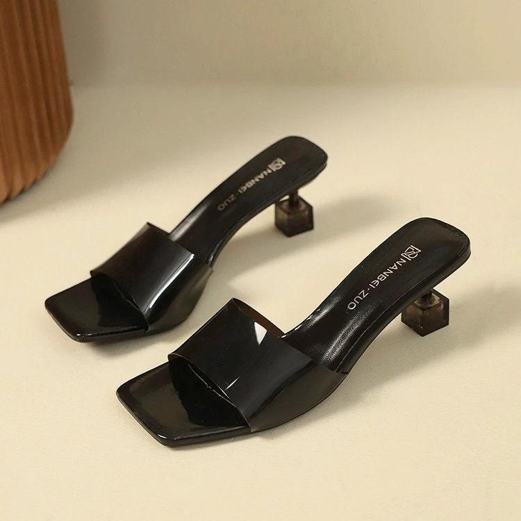 French Style Crystal Thin Heel Square Toe One-Strap Sandals For Women, New Transparent High Heel Slide Sandals Outdoor Wear by GJG Denim
