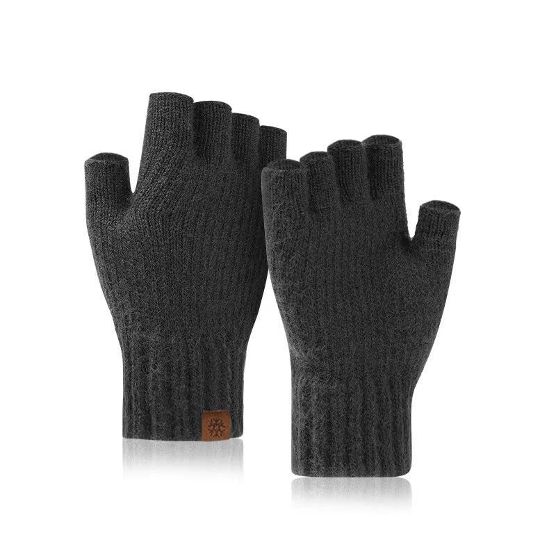 Men's Outdoor Knitted Thermal Fleece-Lined Half-Finger Gloves by GJG Denim