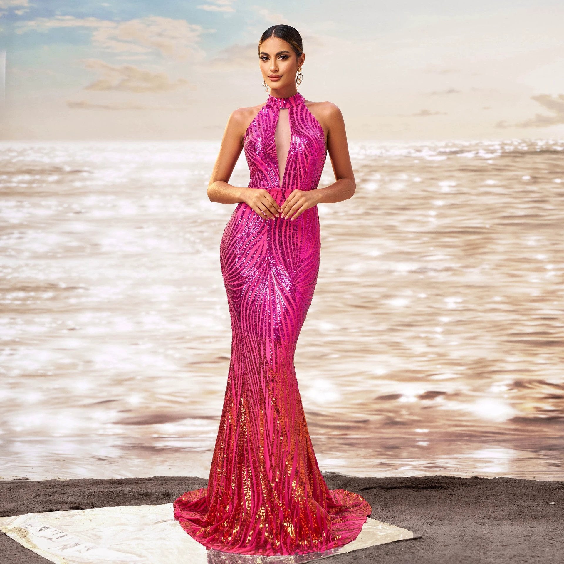 Round Neck Off-the-shoulder Slim-fit Sheath Sequined Banquet Fishtail Evening Dress by GJG Denim