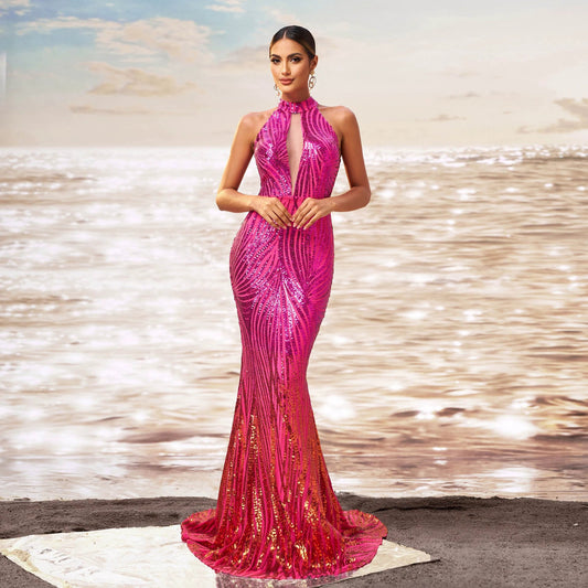 Round Neck Off-the-shoulder Slim-fit Sheath Sequined Banquet Fishtail Evening Dress by GJG Denim