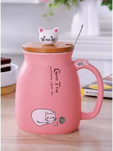 450ml Cartoon Ceramics Cat Mug With Lid and Spoon Coffee Milk Tea Mugs Breakfast Cup Drinkware Novelty Gifts by GJG Denim