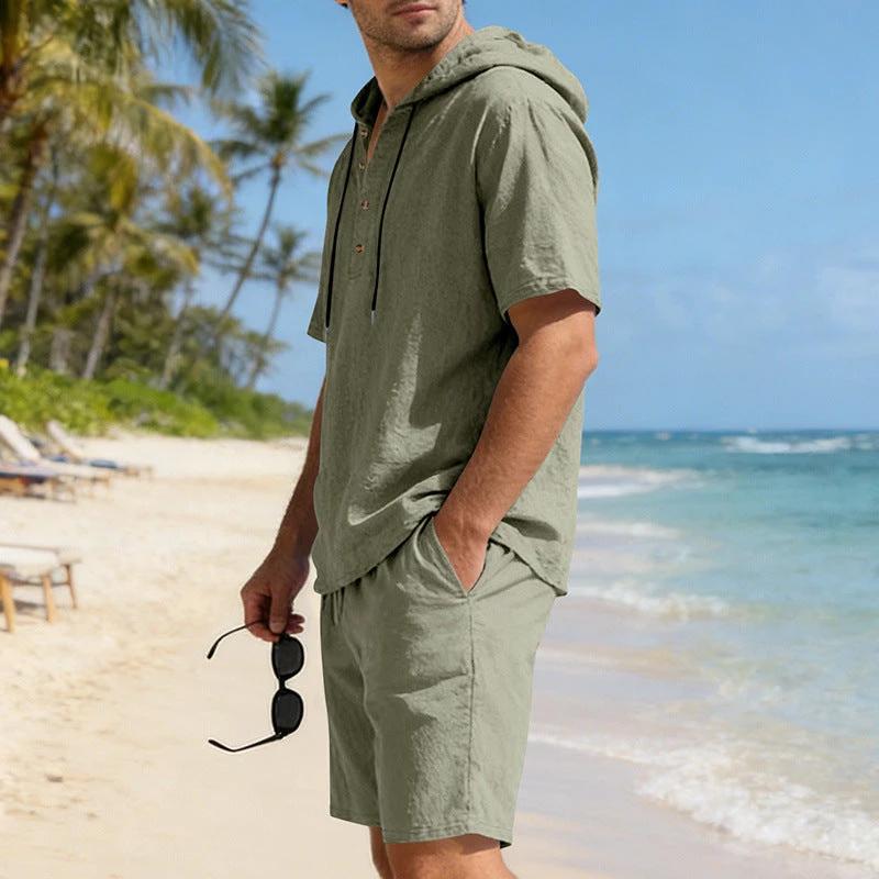 Mens Loose Breathable Linen Hooded Casual Set by GJG Denim
