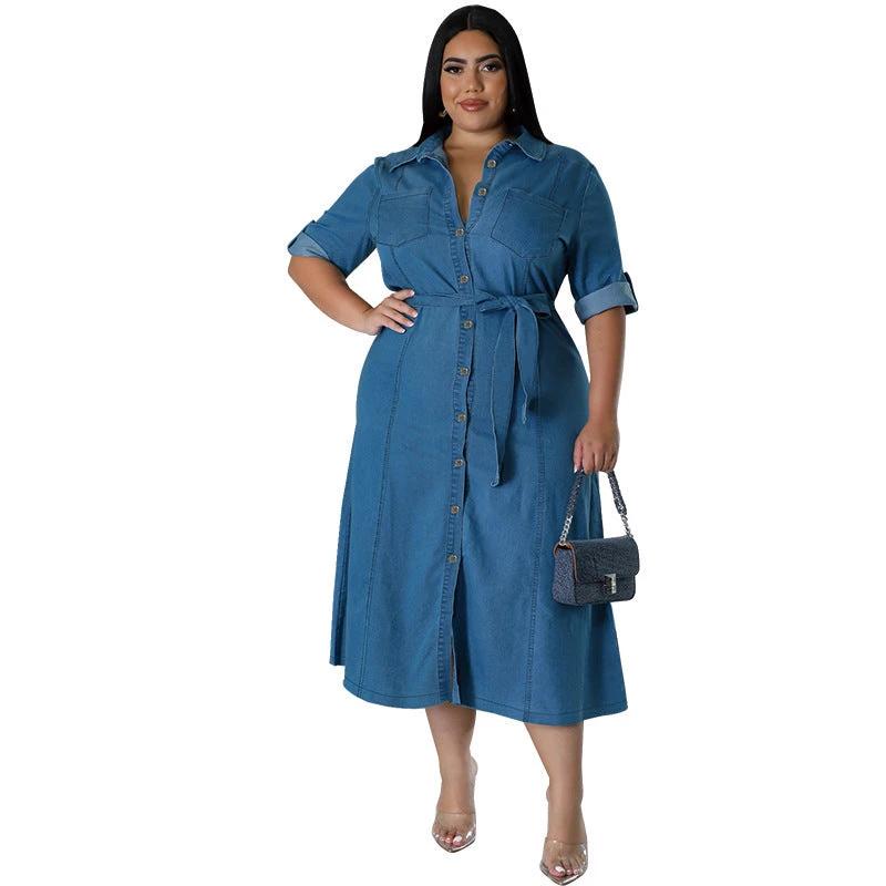 Denim Lapel Long Sleeve Tied Midi Dress by GJG Denim