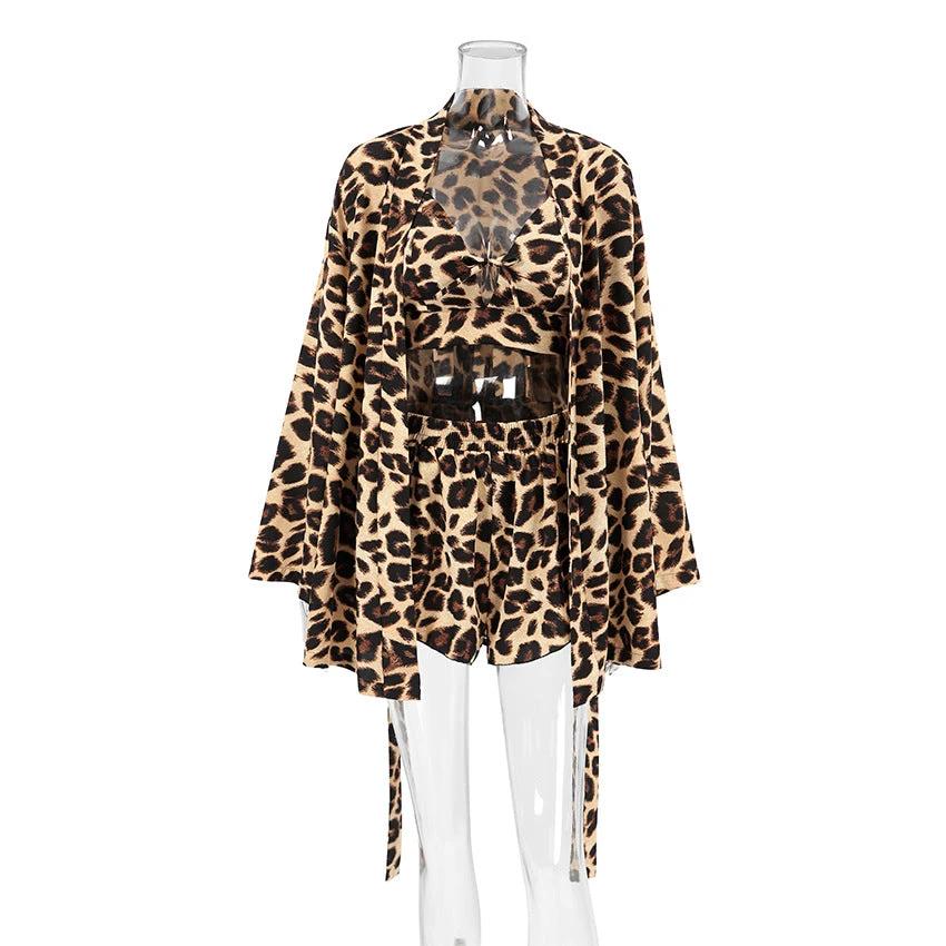 Leopard-print Camisole Cardigan And Short-sleeve Shorts Pajama Set by GJG Denim