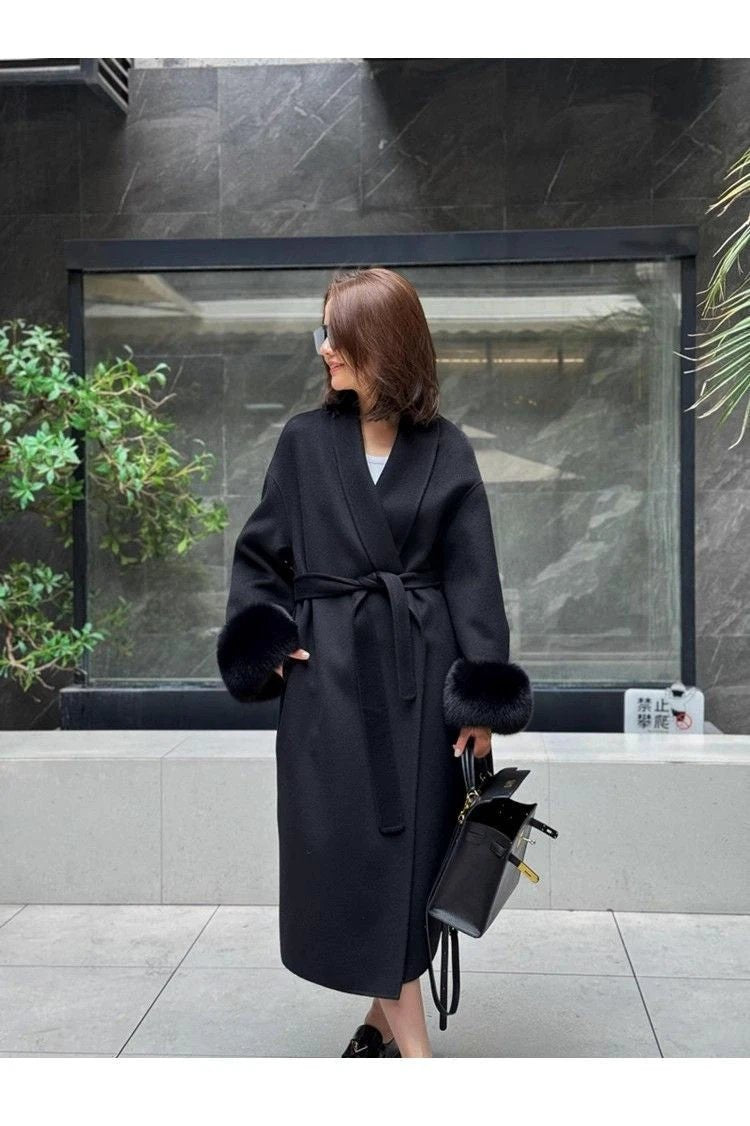 Wool Coat For Women Mid-length Black With Fox-fur Cuffs by GJG Denim