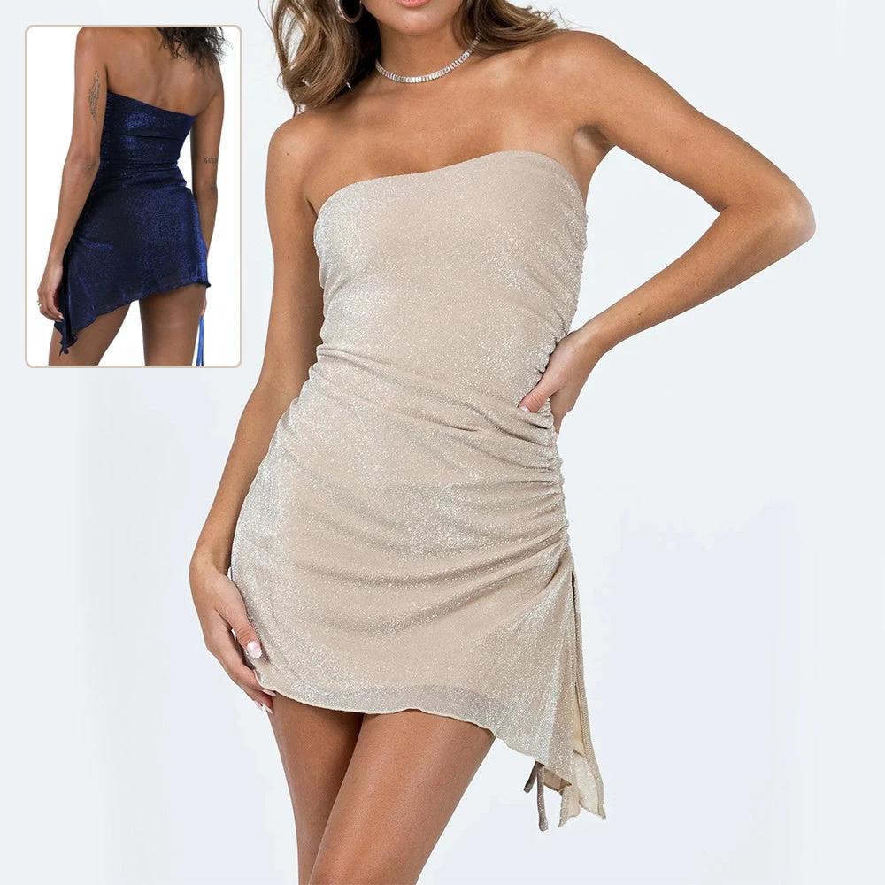 Ins Tube Top Dress With Drawstring Design Summer Backless Dresses For Women Party Club Clothing by GJG Denim