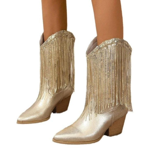 European And American Fashion Middle Fashion Boots Female Retro Chunky Heel Pleated Western Knight by GJG Denim