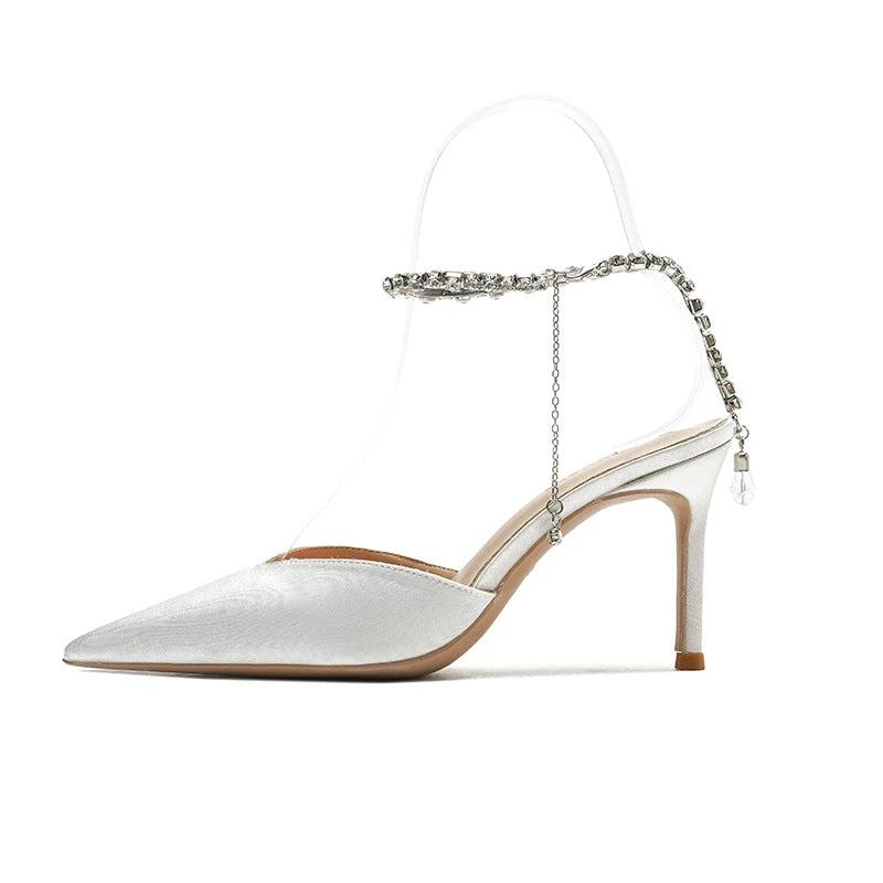 Sharp Pointed Rhinestone Chain High Heels With Fine Heels by GJG Denim