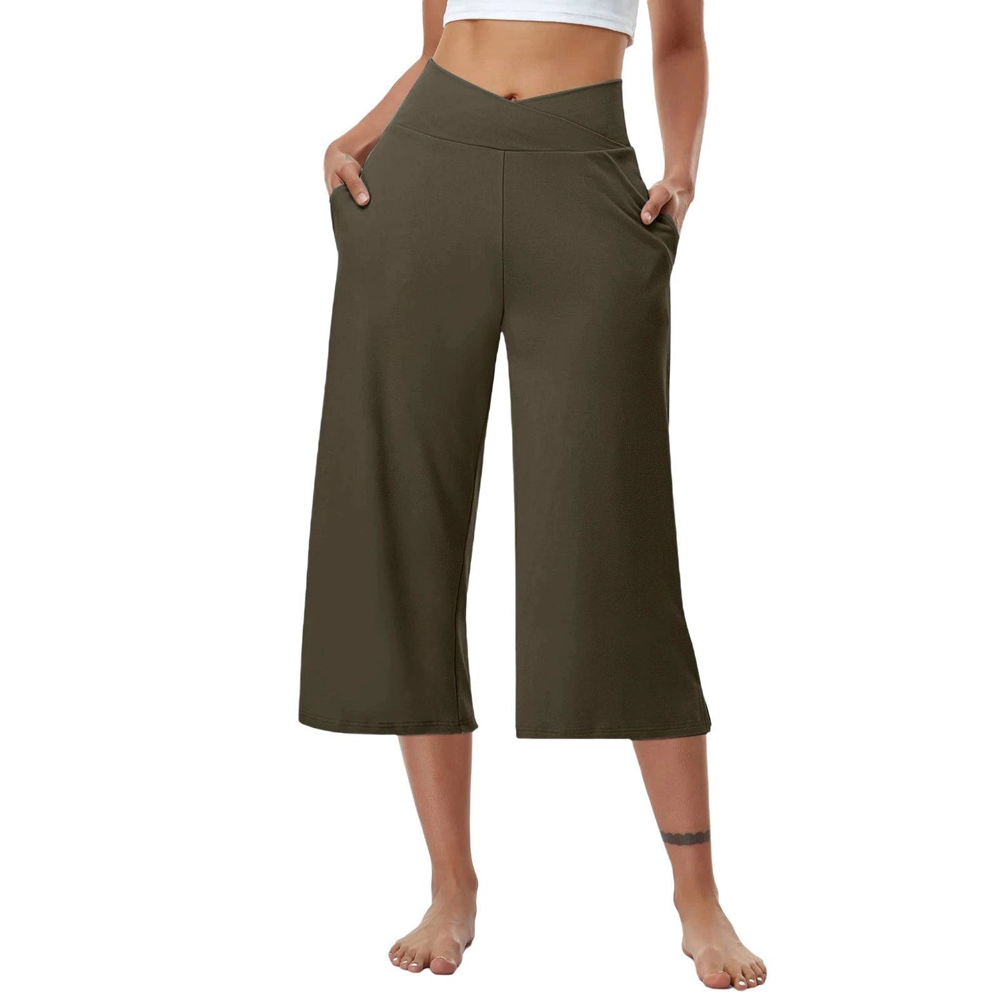 High-Waist Butt-Lifting V-Shaped Waist Wide-Leg Fitness Running Cropped Pants by GJG Denim