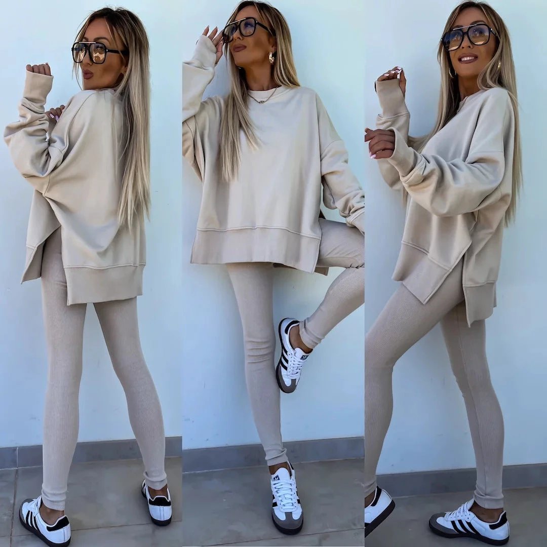 Sweater Suit Women's Casual Loose Long Sleeve Crew Neck Split Top Tight Trousers by GJG Denim