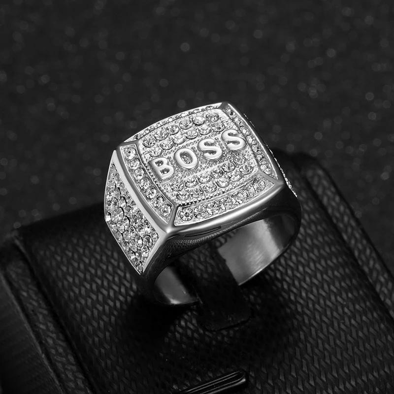 Titanium Steel Vacuum Plating Rhinestone Square "BOSS" Letter Men's Ring by GJG Denim