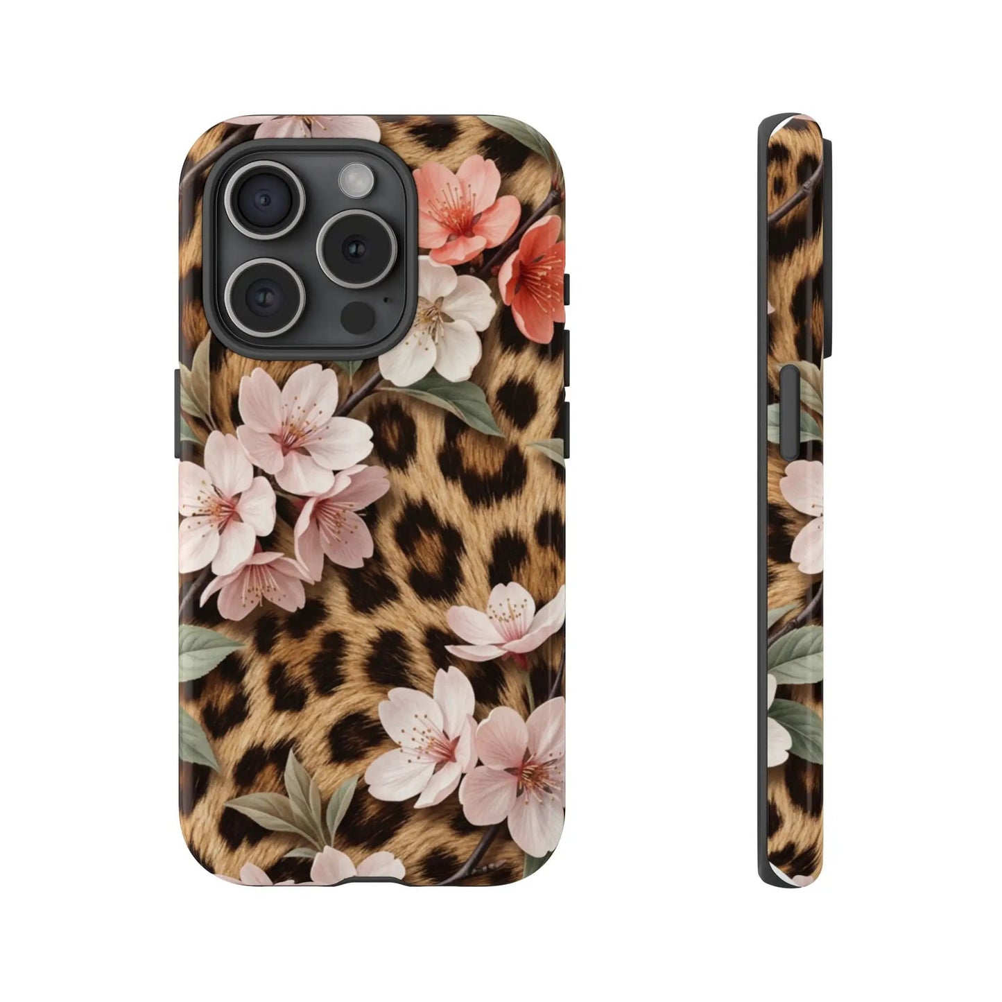 Leopard Floral Tough Case — Protective Phone Case with Pink Cherry Blossoms by Printify