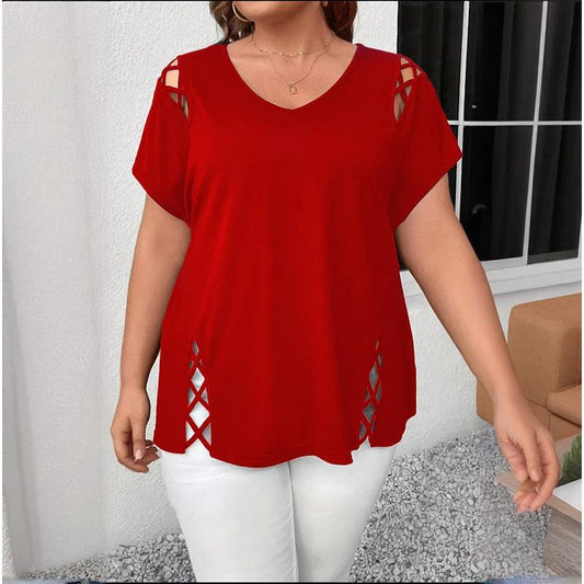 Women's Plus Size Criss Cross Short Sleeve V Neck T-Shirt Tops by GJG Denim