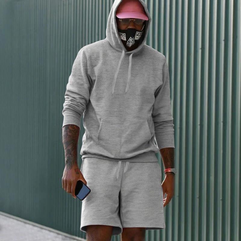 Men's Fleece-Lined Hoodie And Shorts Two-Piece Set by GJG Denim