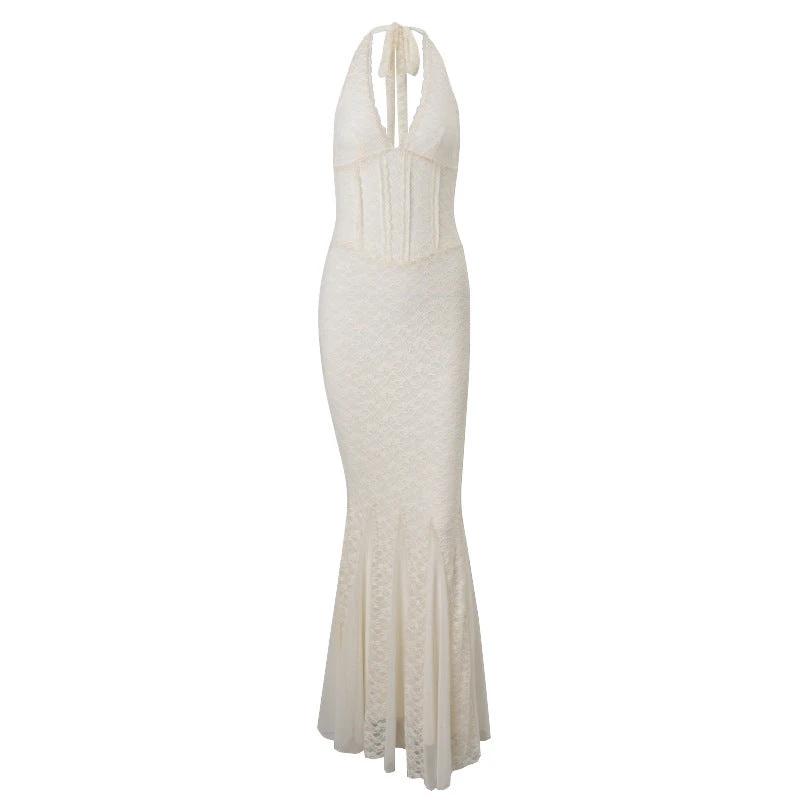 French Sexy Backless Lace Waist-tight V-neck Halter Fishtail Dress by GJG Denim