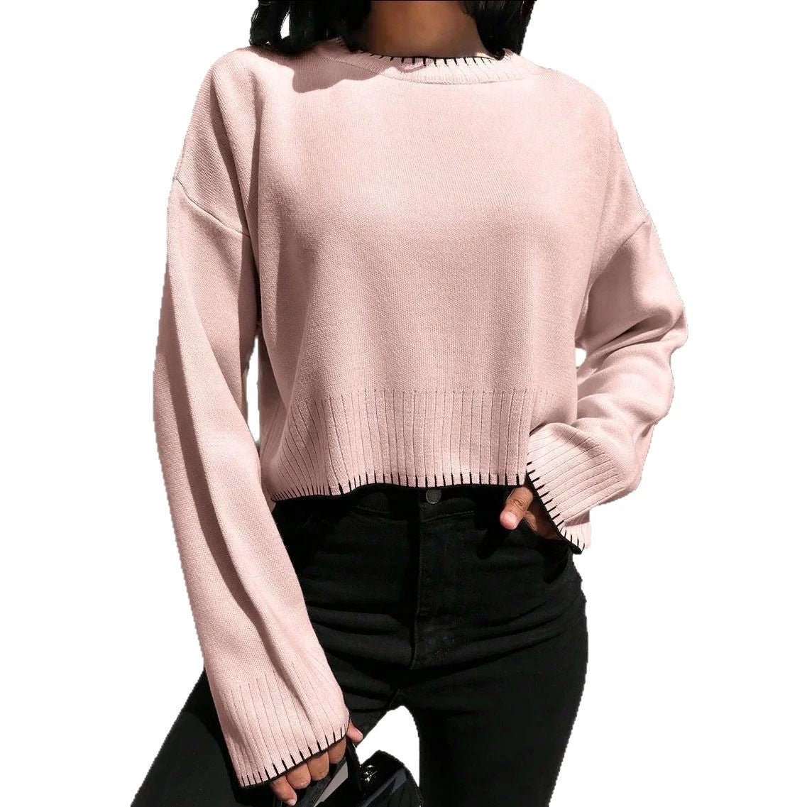 High-waisted Color-block Loose-fitting Cropped Pullover Knit Sweater by GJG Denim