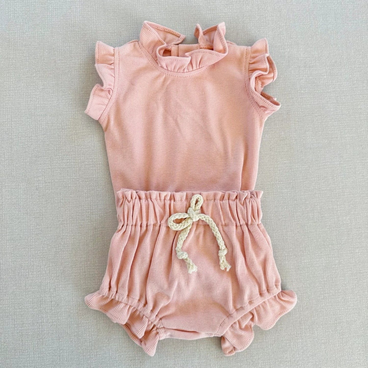 Rib Cotton Short Sleeve Wooden Ear Rompers Jumpsuit by GJG Denim