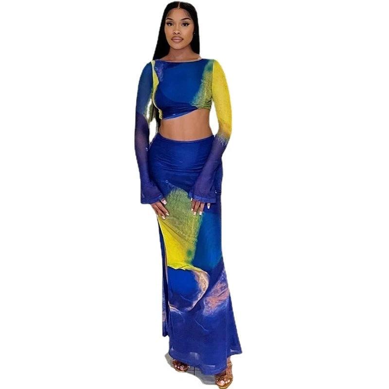 Printed Long Bell Sleeve top and long Skirt Set by GJG Denim
