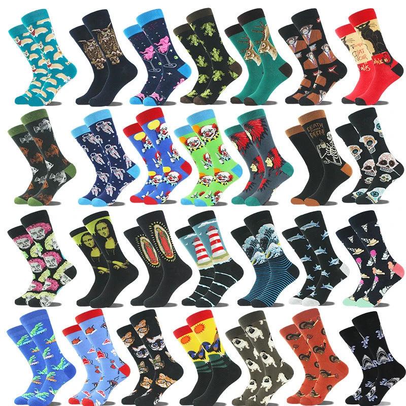 Men's Cartoon Animal Retro Oil Painting Mid-calf Socks by GJG Denim