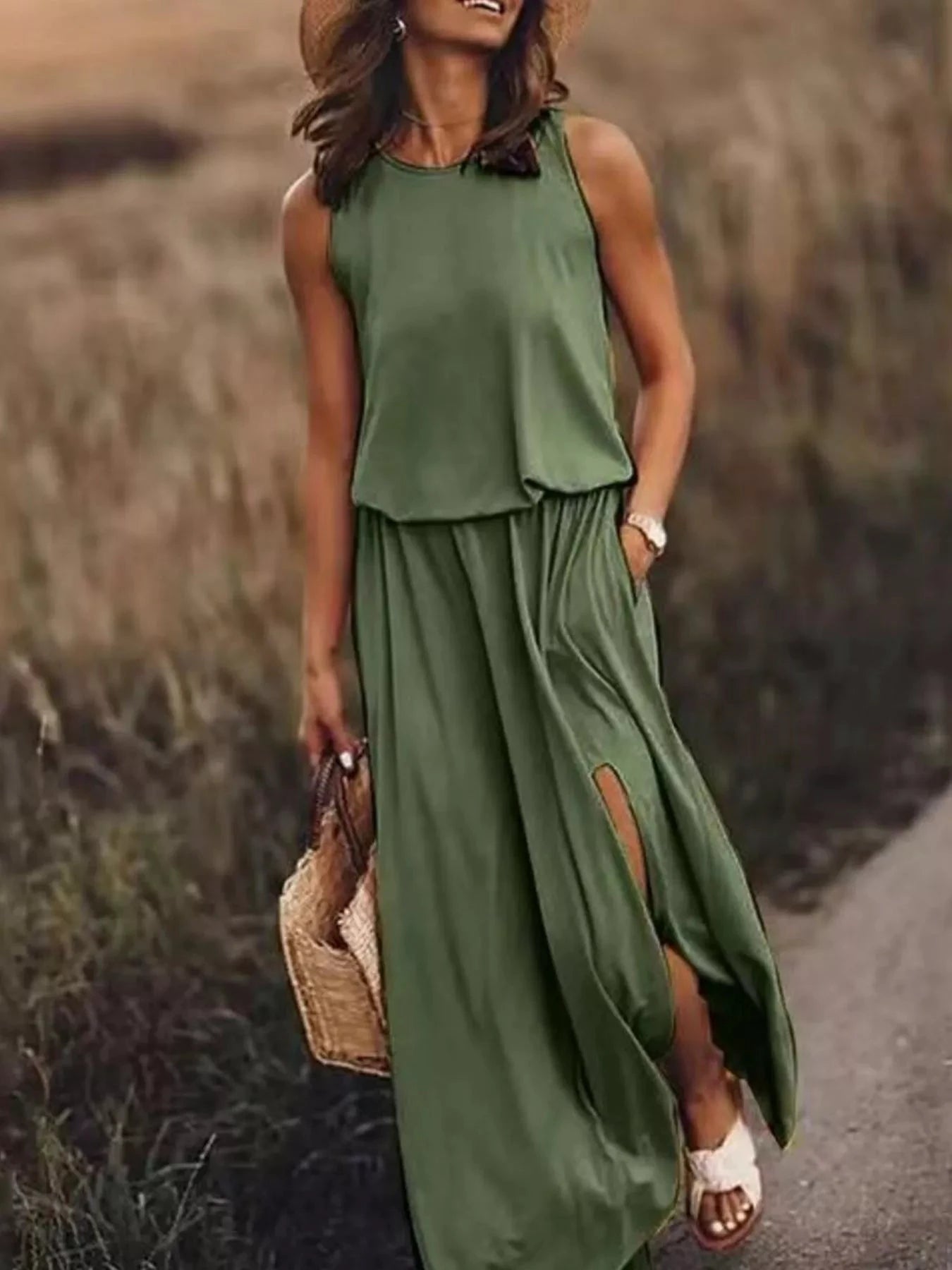 Full Size Round Neck Sleeveless Slit Maxi Dress Plus Size by Lady Ros
