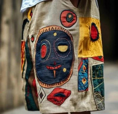 Retro Tribal Mask Geometric Art Men's Casual Shorts by GJG Denim