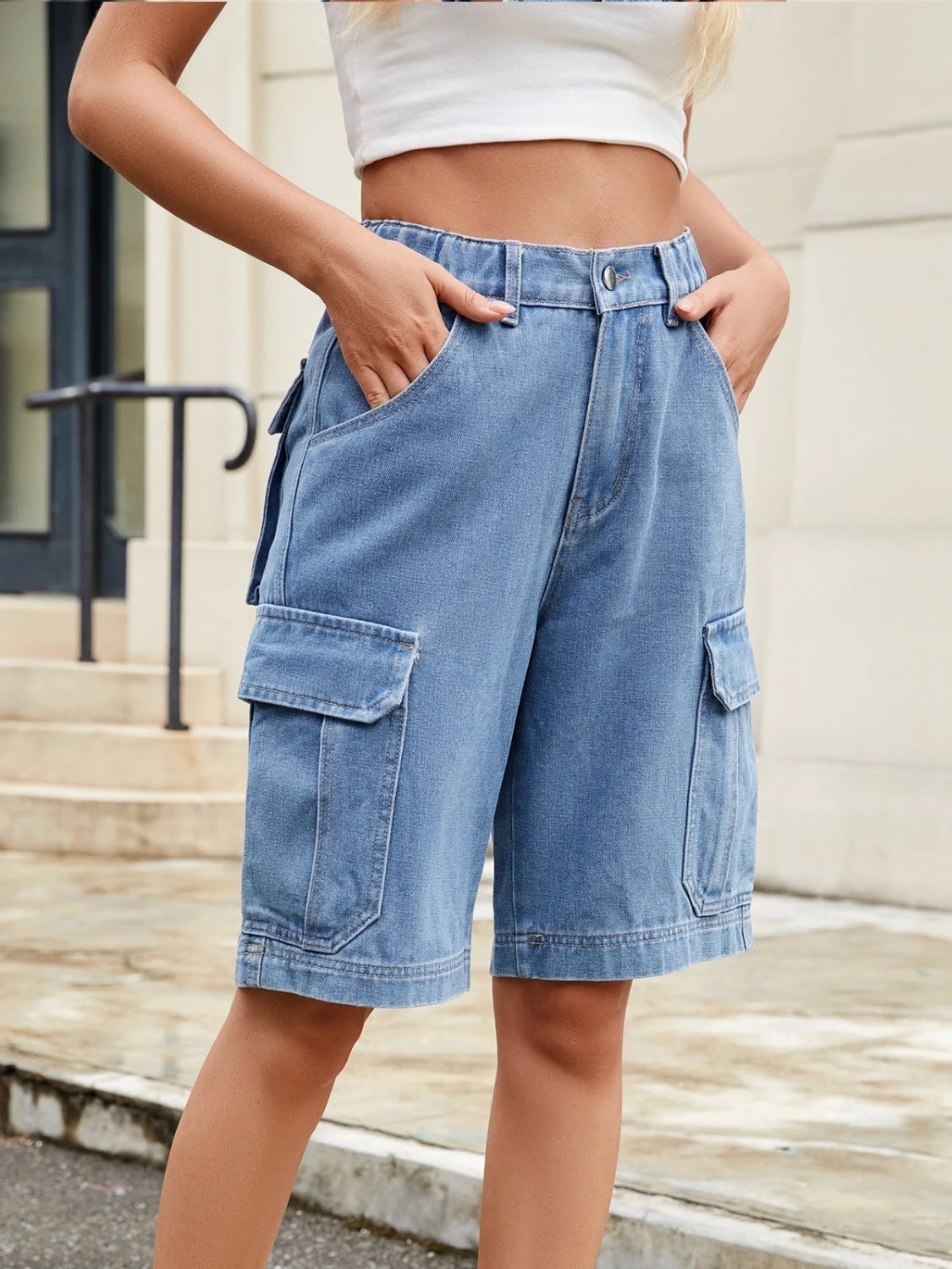 High Waist Denim Shorts with Pockets by Lady Ros