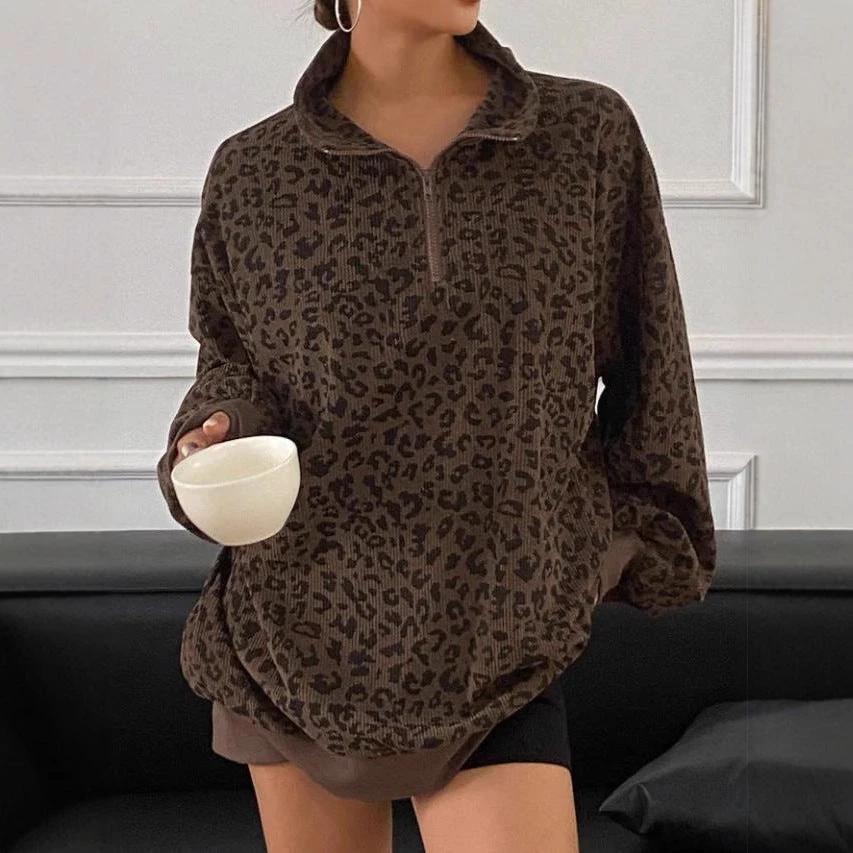 Casual Leopard Print Pattern Corduroy Zipper Sweater by GJG Denim