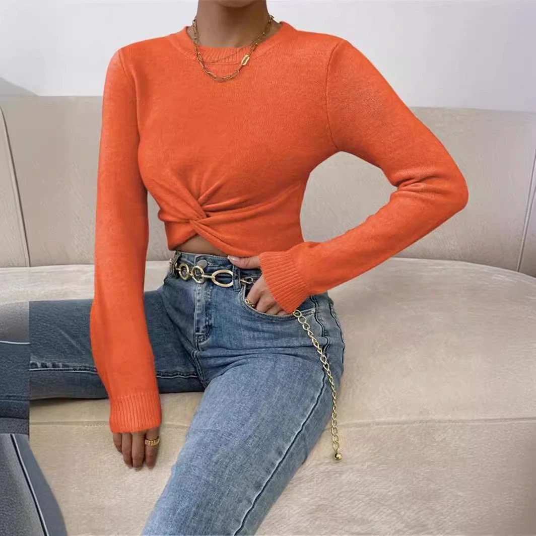 Round Neck Design Cross Knitted Top Sweater For Women by GJG Denim