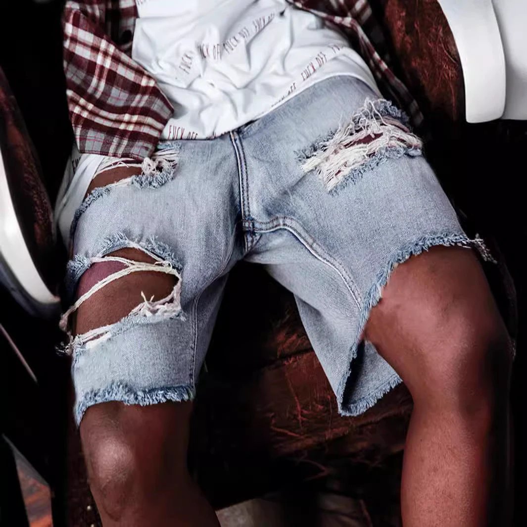 Men's Ripped Shorts Men's European Hip Hop Raw Edges by GJG Denim