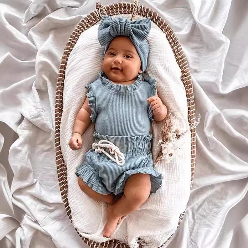 Rib Cotton Short Sleeve Wooden Ear Rompers Jumpsuit by GJG Denim