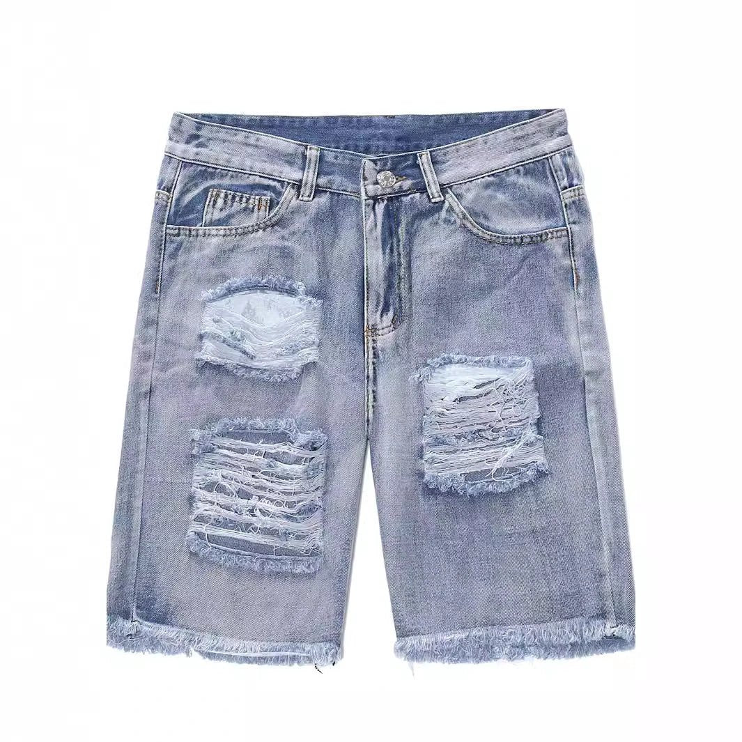 Men's Ripped Shorts Men's European Hip Hop Raw Edges by GJG Denim