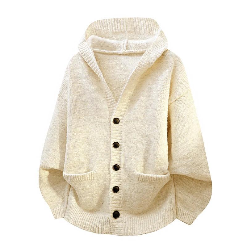 Men's Relaxed Loose-fitting Hooded Cardigan Knit Sweater by GJG Denim