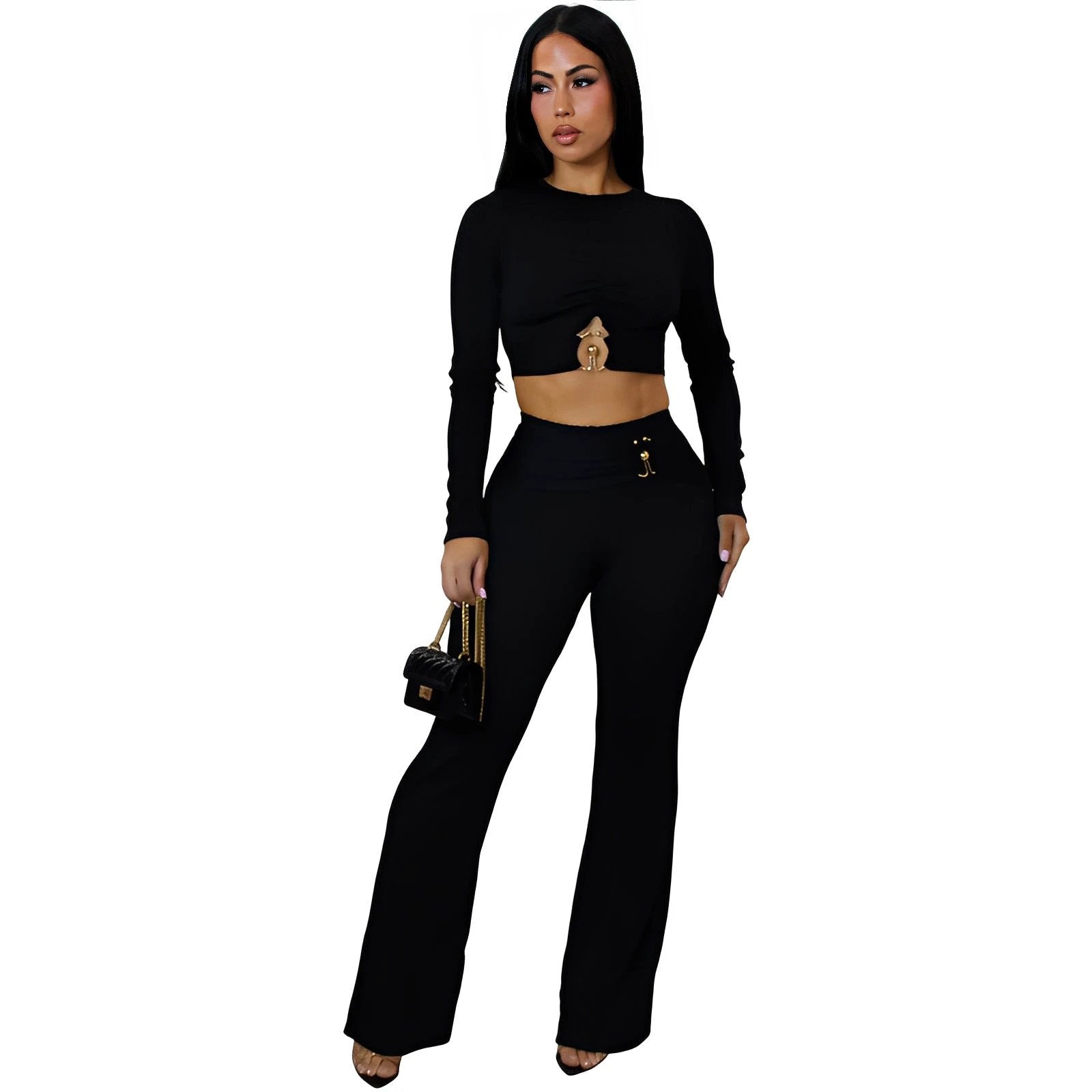 Women's Slim-fit Sexy Hollow-out Top And Flared Pants Two-piece Set by GJG Denim