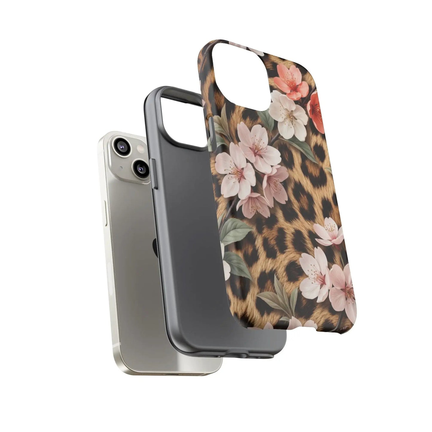 Leopard Floral Tough Case — Protective Phone Case with Pink Cherry Blossoms by Printify