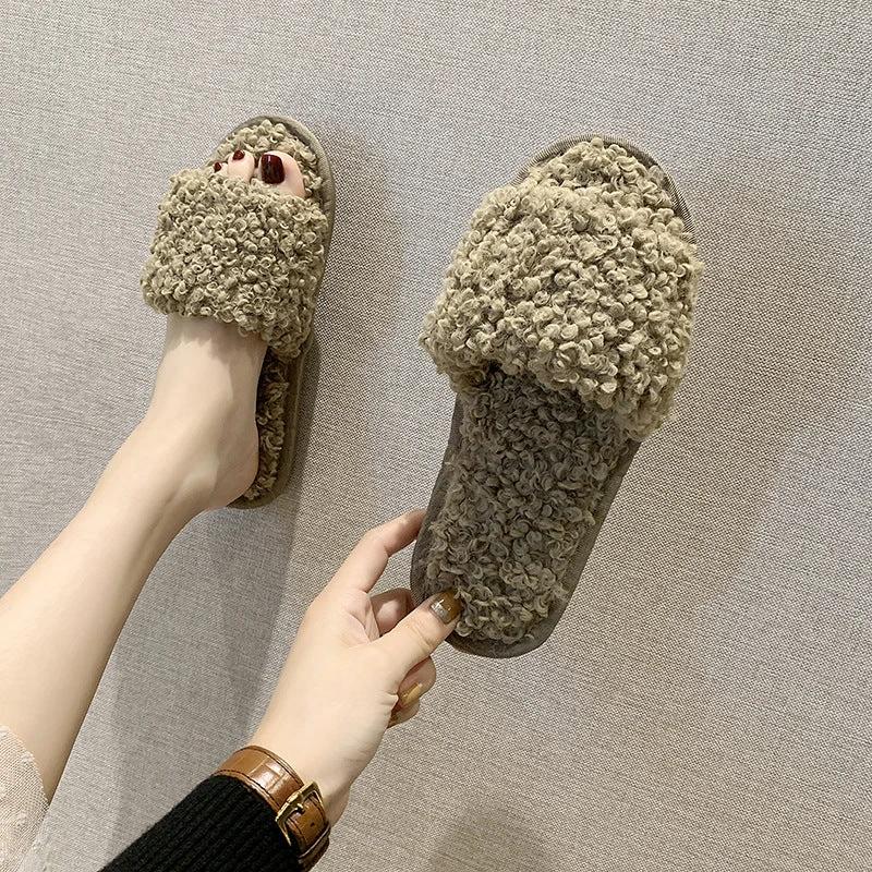 Sheep curl women slippers suitable for non-slip cotton slippers by GJG Denim