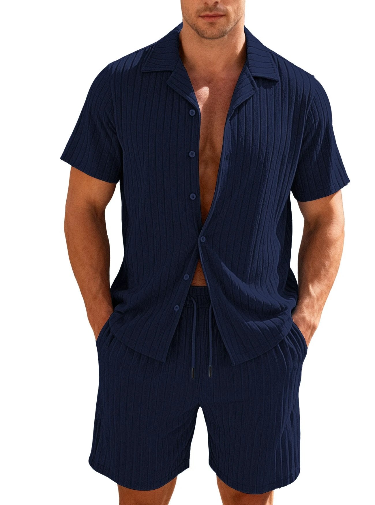Men's Casual Button-Down Shirt And Shorts Set by GJG Denim