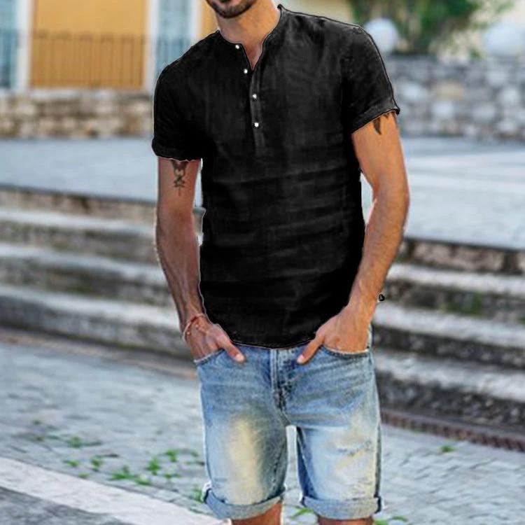 Men's Stand Collar Cotton Linen Short Sleeve Shirt by GJG Denim