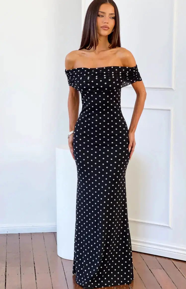 Fashionable Polka-dot Mesh Off-shoulder Backless Dress by GJG Denim