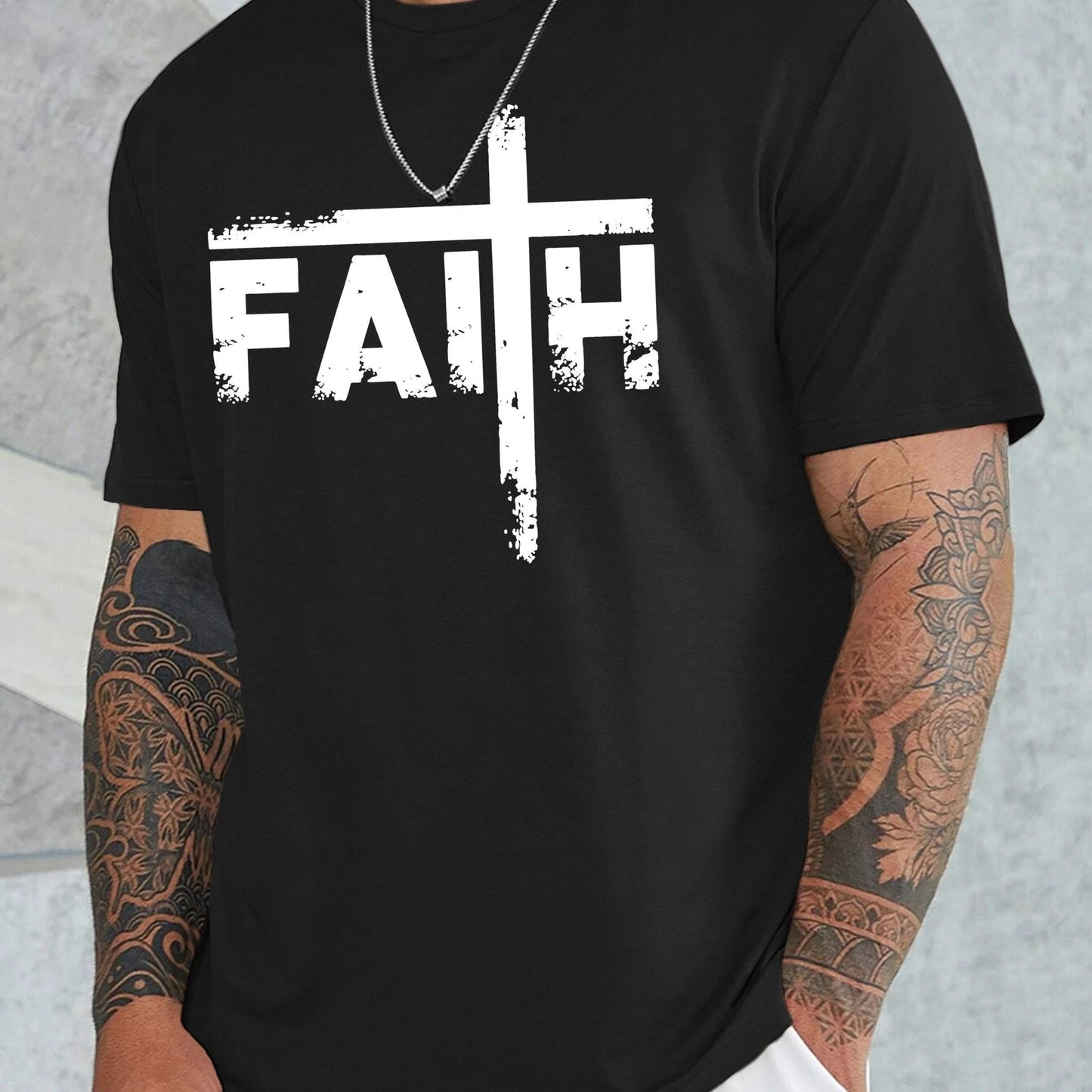 Large Men's Casual Fashion Sports T-shirt, Faith Pattern Round Neck Comfortable T-shirt Summer Clothing by GJG Denim