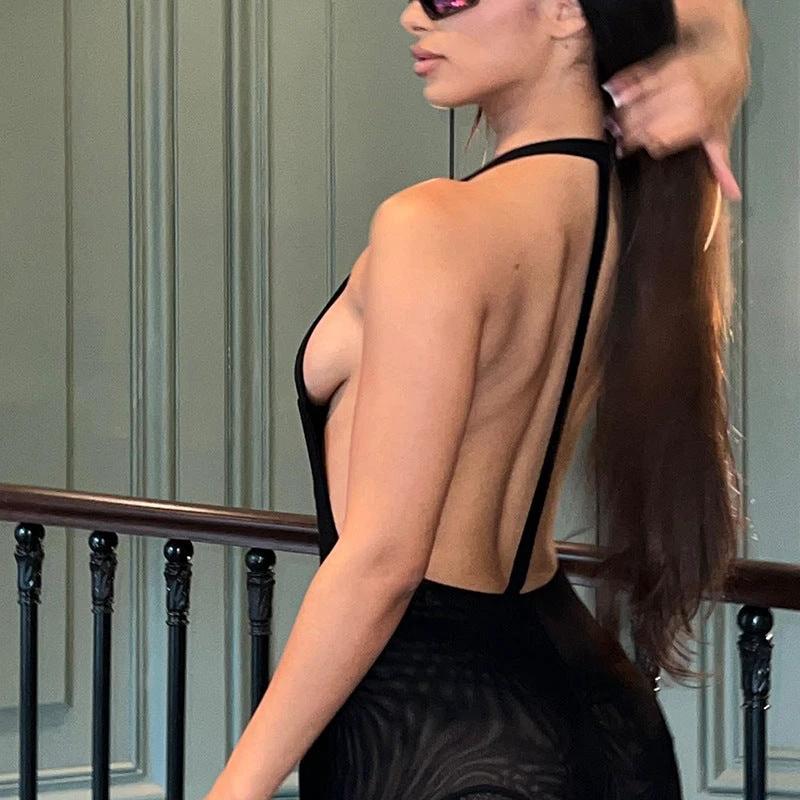 Solid V-neck Mesh Splice Bodysuit by GJG Denim