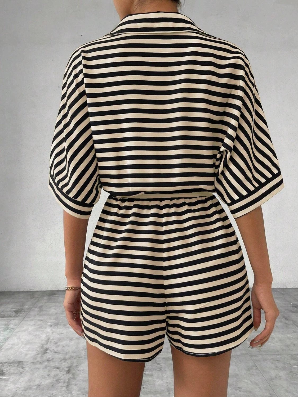 Tie Waist Half Button Striped Romper by VYSN