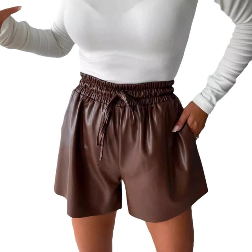 Drawstring Lace PU Leather Wide-leg Casual Pants Shorts For Women by GJG Denim