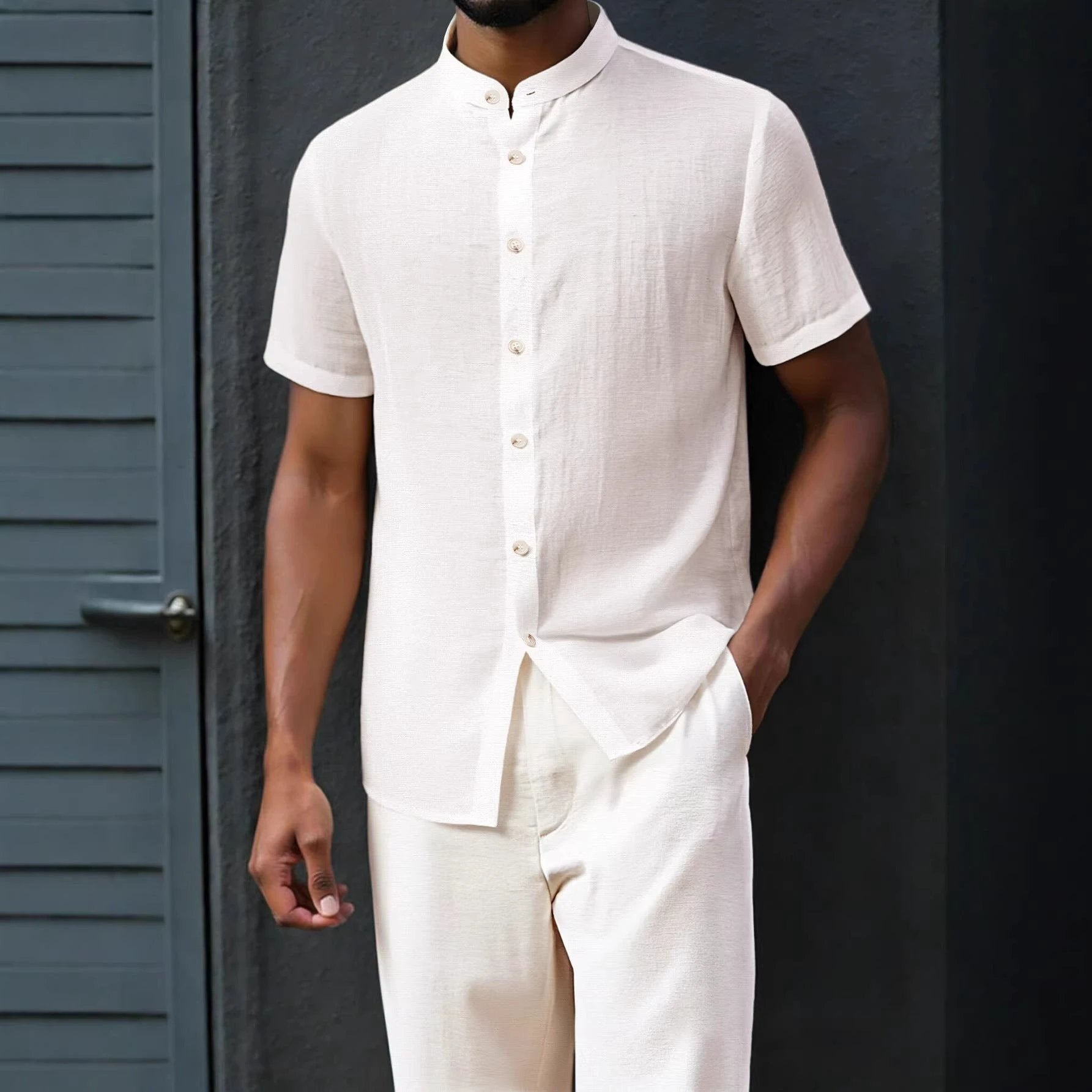 Men's Stand-Up Collar Breathable Shirt And Loose-Fitting Pants Set by GJG Denim